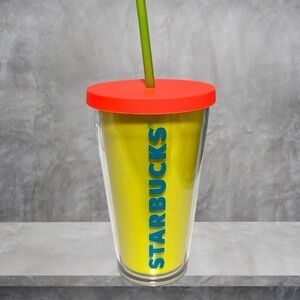 STARBUCKS Neon Yellow Coral Logo Summer Cold Cup Acrylic TUMBLER   16 Oz Straw